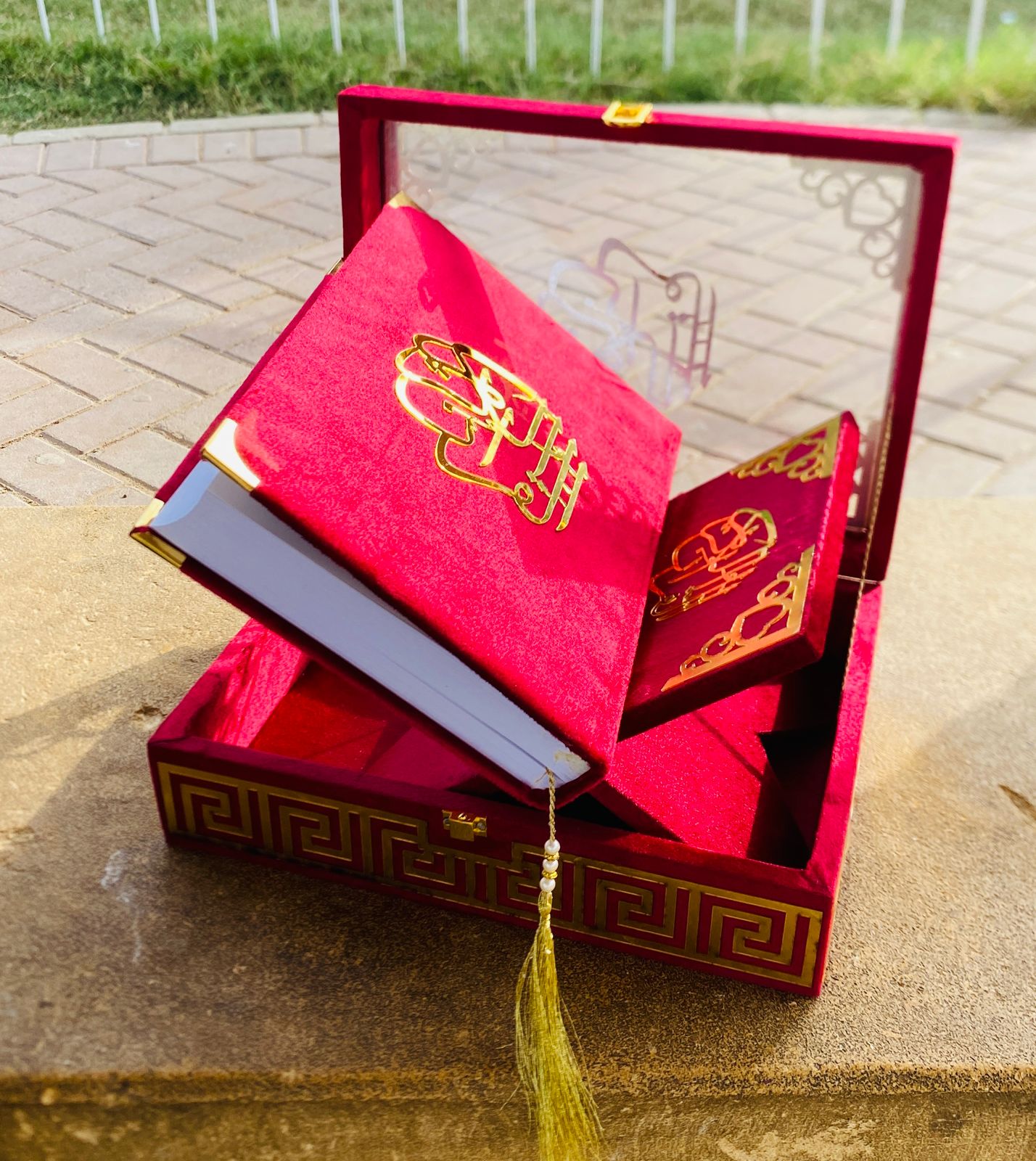 Mehroon ACRYLIC GLASS QURAN BOX & QURAN SHAREEF