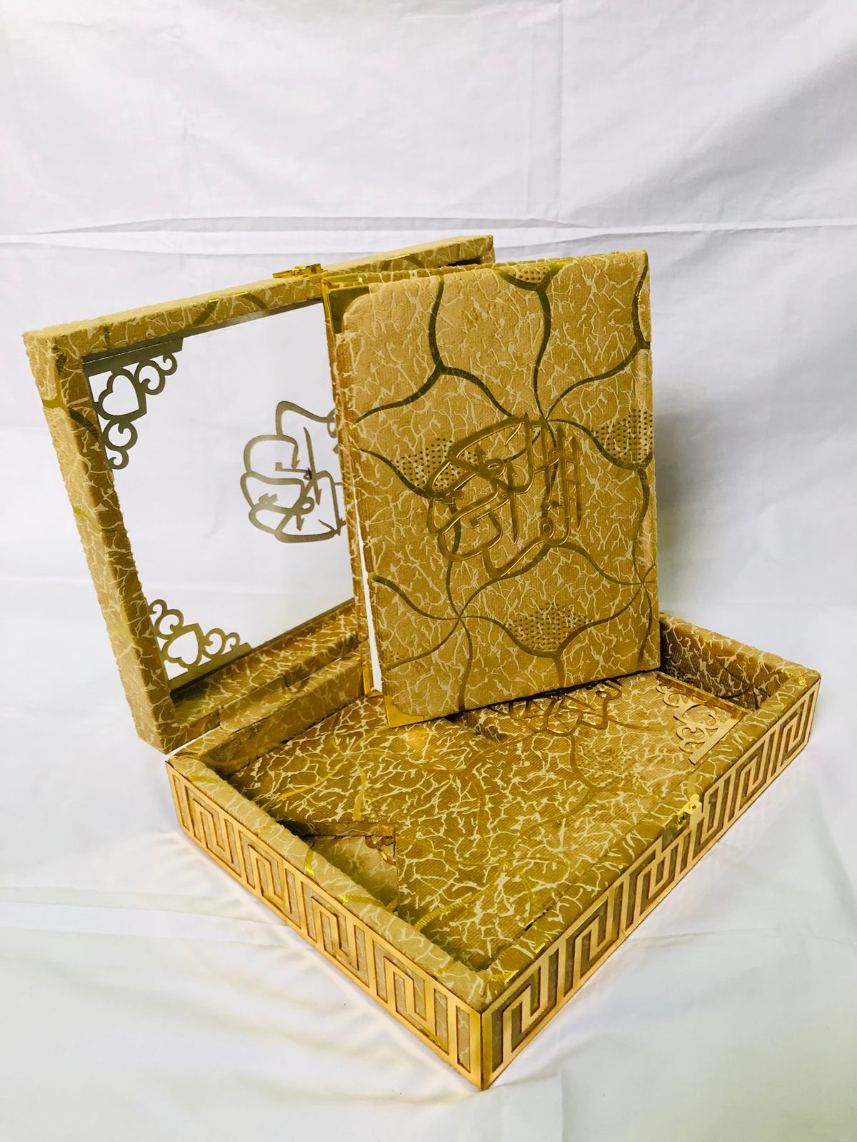 GOLDEN ACRYLIC GLASS QURAN BOX & QURAN SHAREEF