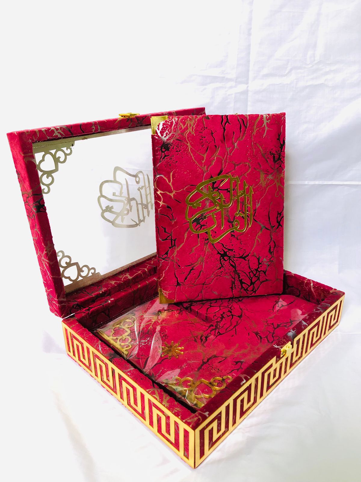 MEHROON ACRYLIC GLASS QURAN BOX & QURAN SHAREEF
