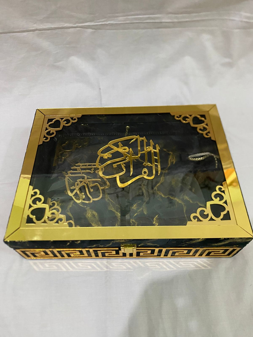 BLACK ACRYLIC GLASS QURAN BOX & QURAN SHAREEF