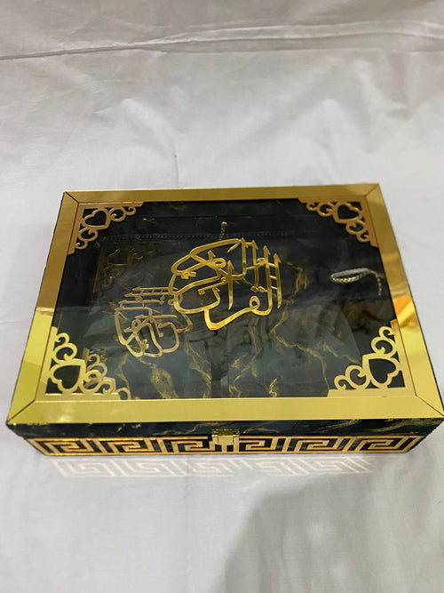 BLACK ACRYLIC GLASS QURAN BOX & QURAN SHAREEF