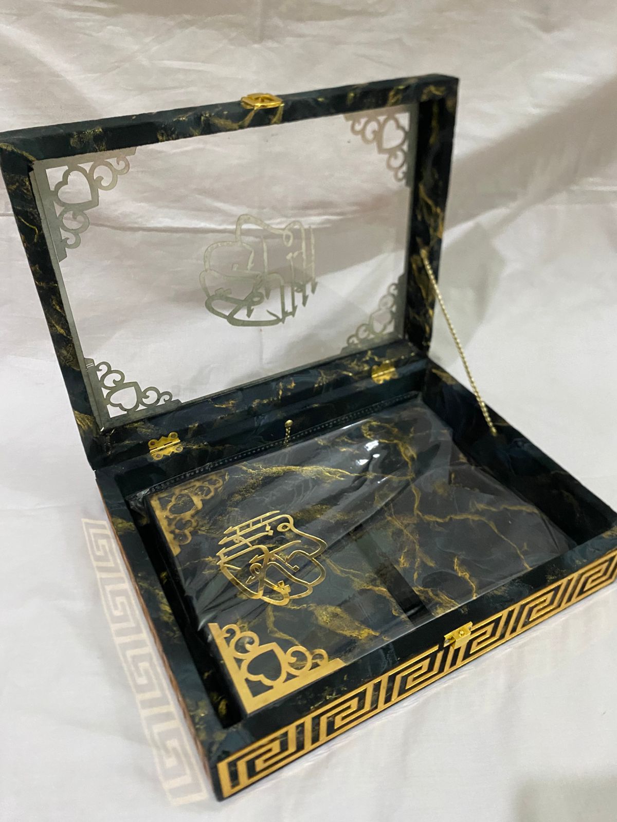 BLACK ACRYLIC GLASS QURAN BOX & QURAN SHAREEF