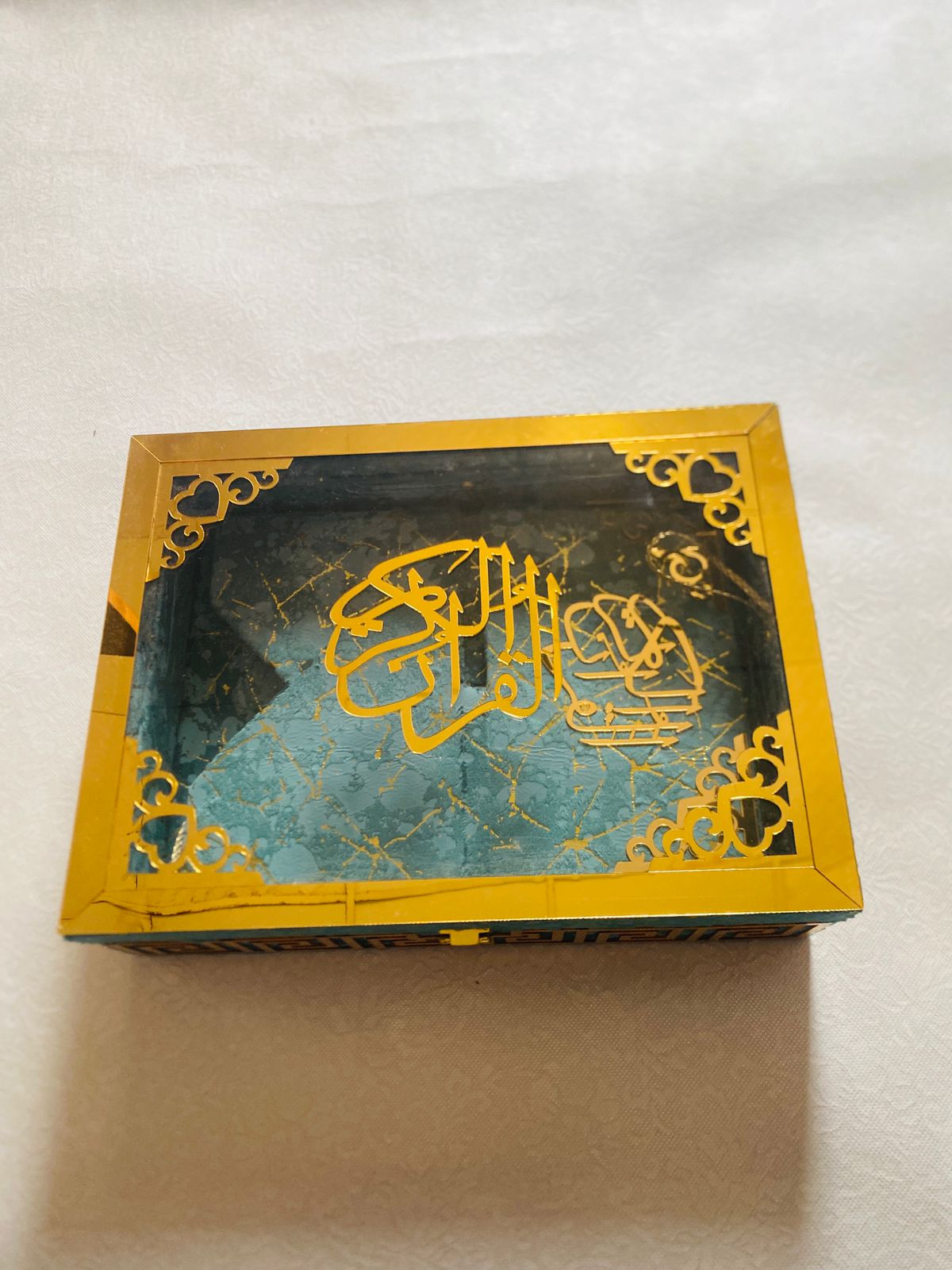 TEAL BLUE ACRYLIC QURAN BOX & QURAN SHAREEF