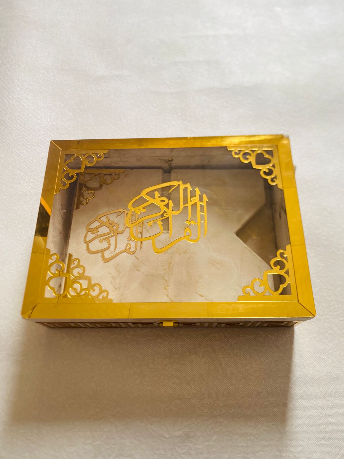 CREAM COLOR ACRYLIC GLASS QURAN BOX & QURAN SHAREEF