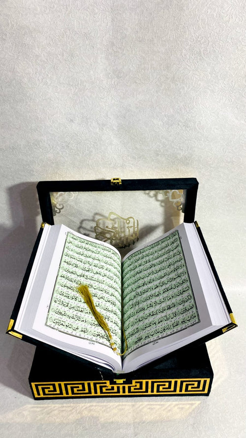 BLACK ACRYLIC GLASS QURAN BOX & QURAN SHAREEF