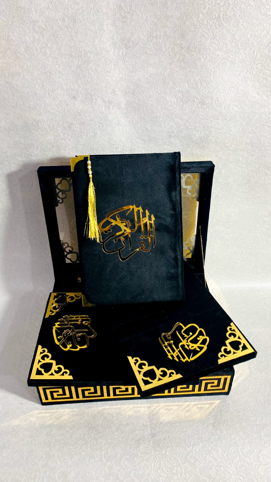 BLACK ACRYLIC GLASS QURAN BOX & QURAN SHAREEF