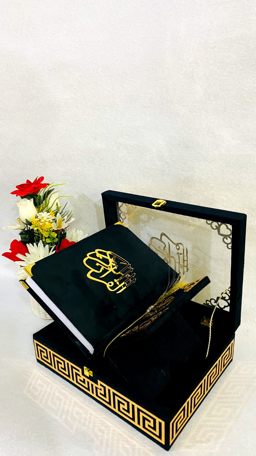 BLACK ACRYLIC GLASS QURAN BOX & QURAN SHAREEF