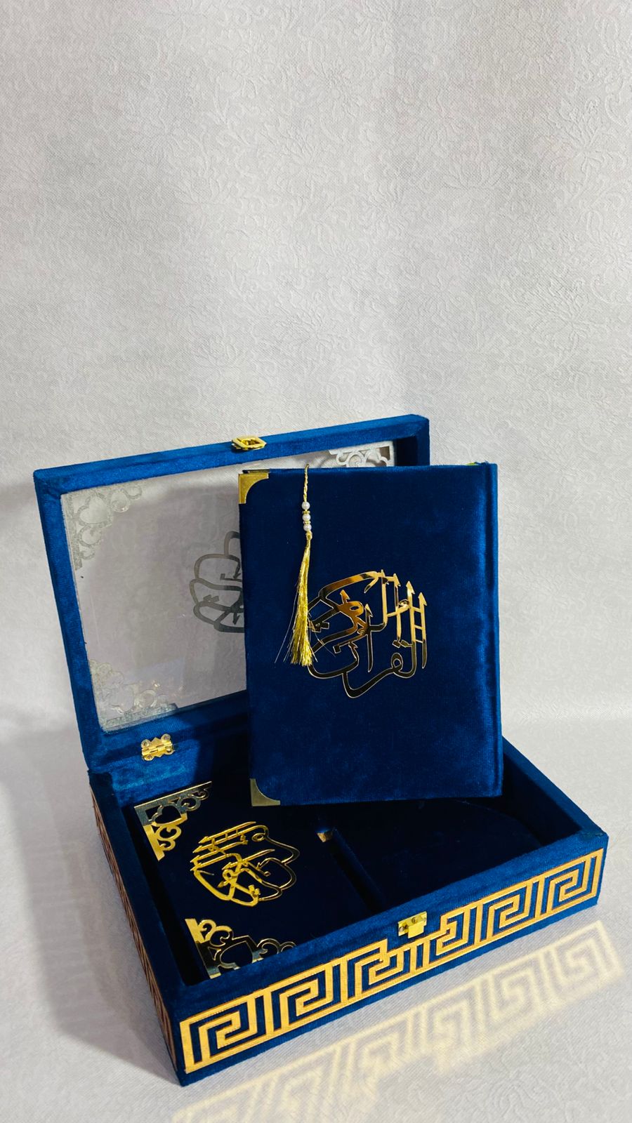BLUE ACRYLIC GLASS QURAN BOX & QURAN SHAREEF