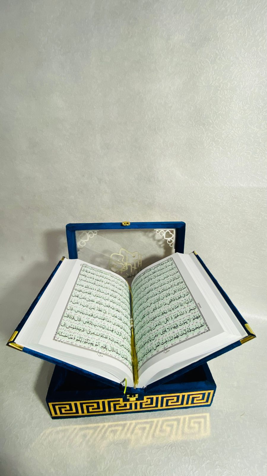 BLUE ACRYLIC GLASS QURAN BOX & QURAN SHAREEF