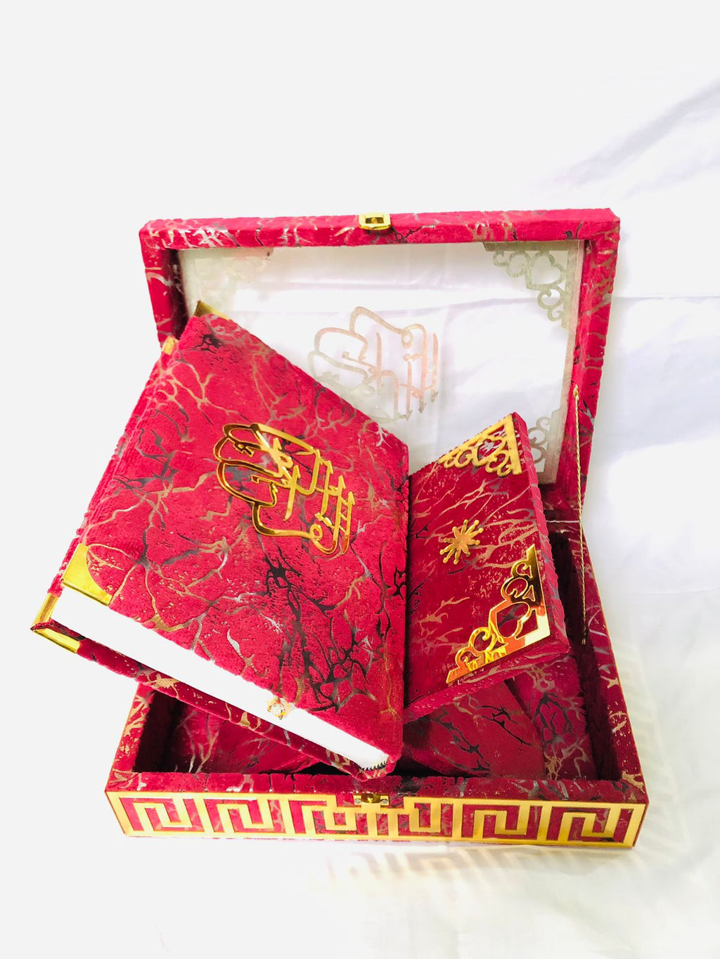 MEHROON ACRYLIC GLASS QURAN BOX & QURAN SHAREEF