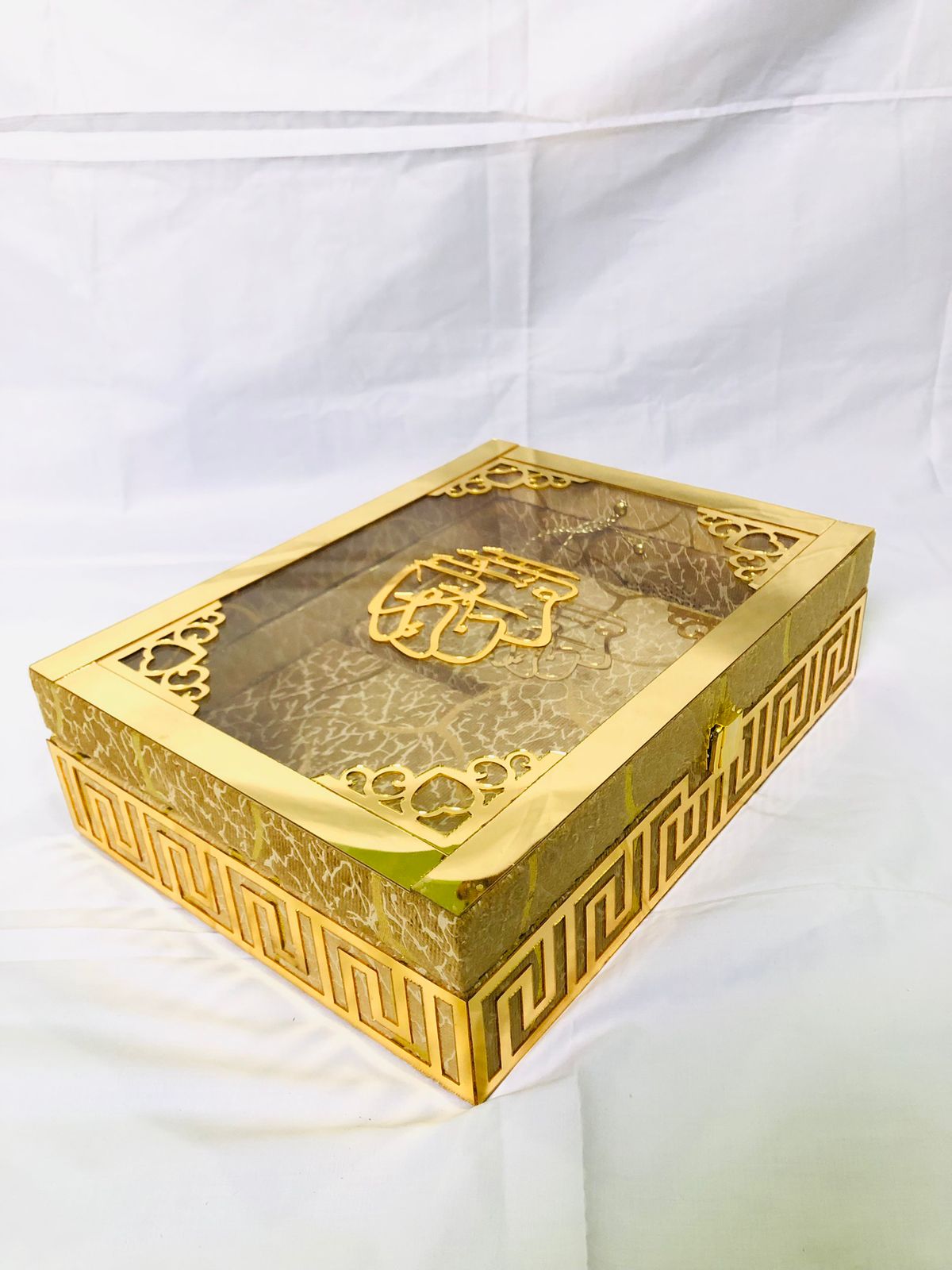 GOLDEN ACRYLIC GLASS QURAN BOX & QURAN SHAREEF