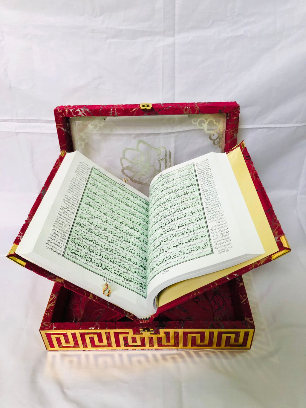 MEHROON ACRYLIC GLASS QURAN BOX & QURAN SHAREEF