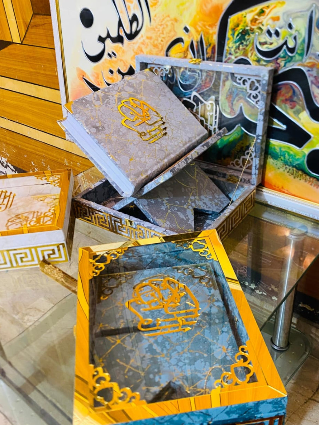 GRAY ACRYLIC GLASS QURAN BOX & QURAN SHAREEF