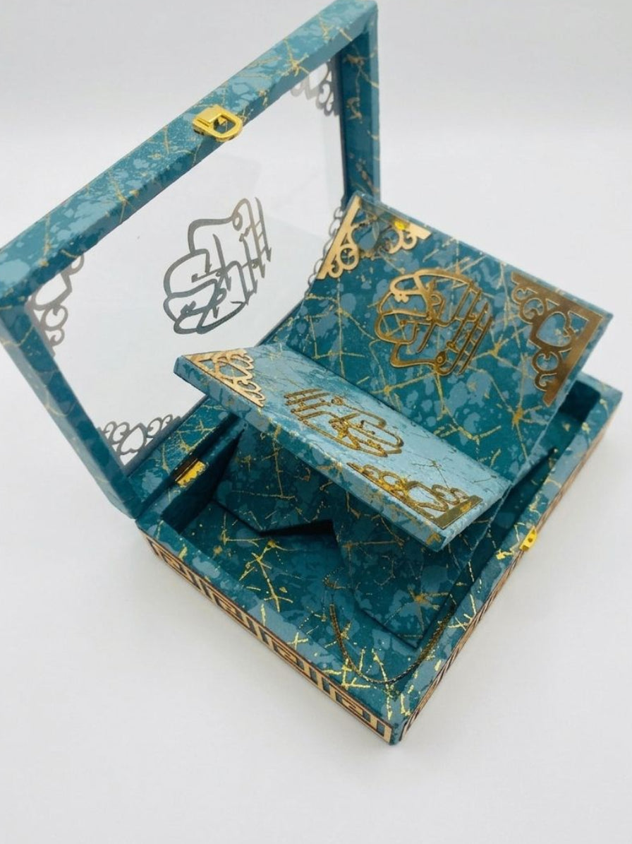 TEAL BLUE ACRYLIC QURAN BOX & QURAN SHAREEF