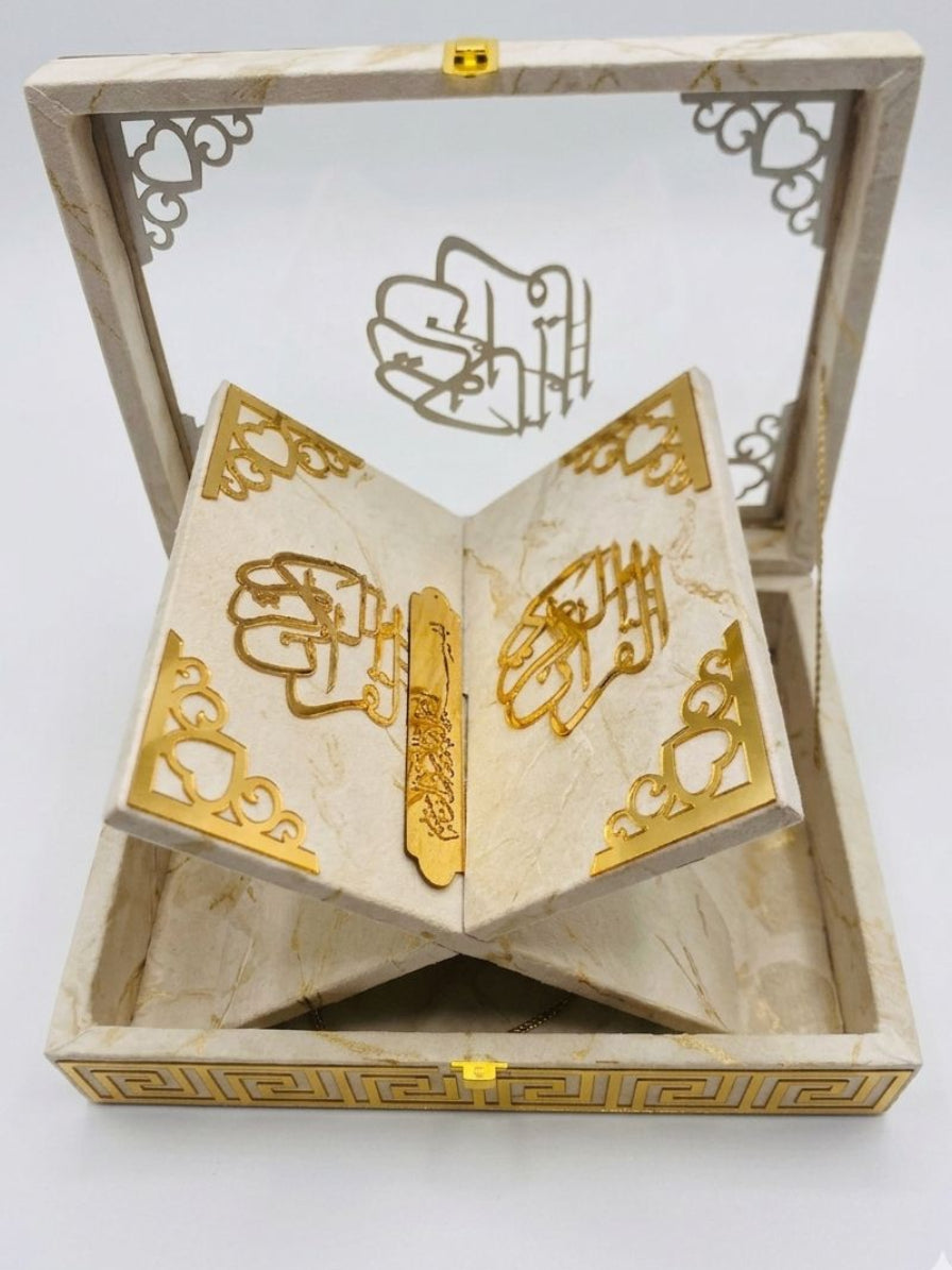 CREAM COLOR ACRYLIC GLASS QURAN BOX & QURAN SHAREEF