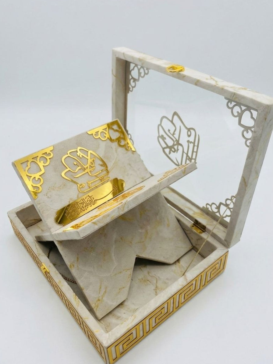 CREAM COLOR ACRYLIC GLASS QURAN BOX & QURAN SHAREEF