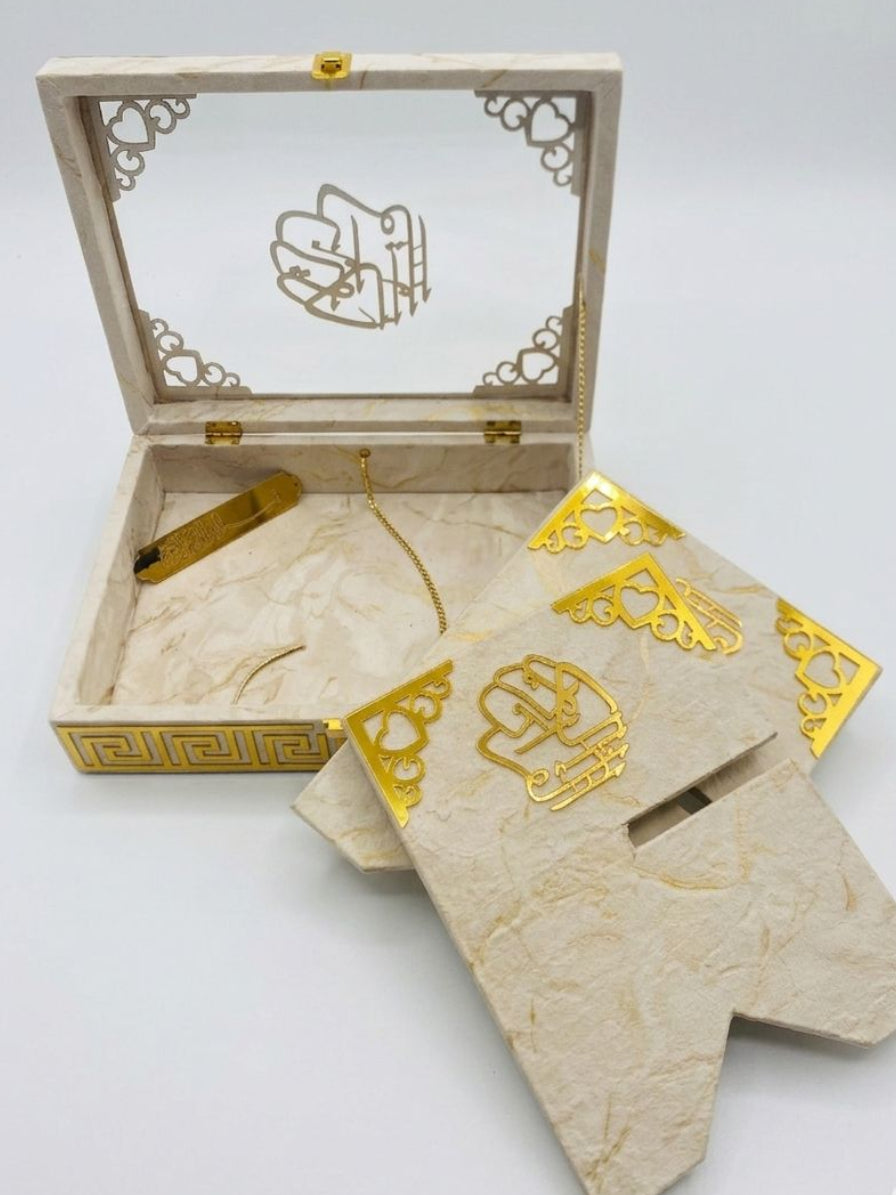 CREAM COLOR ACRYLIC GLASS QURAN BOX & QURAN SHAREEF