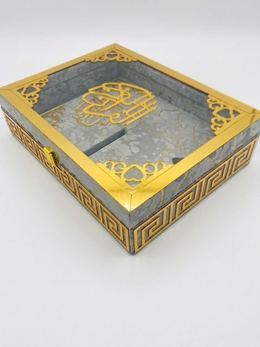 GRAY ACRYLIC GLASS QURAN BOX & QURAN SHAREEF