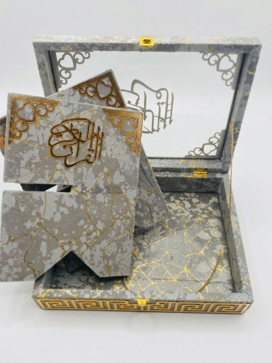 GRAY ACRYLIC GLASS QURAN BOX & QURAN SHAREEF