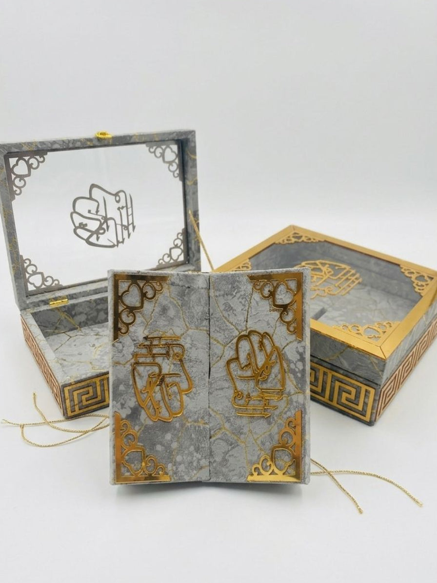 GRAY ACRYLIC GLASS QURAN BOX & QURAN SHAREEF