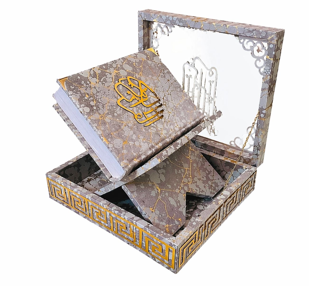 GRAY ACRYLIC GLASS QURAN BOX & QURAN SHAREEF
